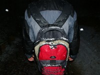 DSC08630  Snow travelling on Coen's backpack