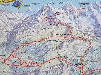 Jungfraujoch bahn map  -->  We took the Wengernalpbahn from Lauterbrunnen (far right bottom) to Kleine Scheidegg where we changed trains and went up all the way to the Jungrfraujoch with the Jungfraubahn